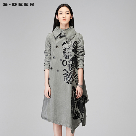 s.deer圣迪奥时尚休闲抽象印花不规则摆长款斜襟外套S17481860商品大图