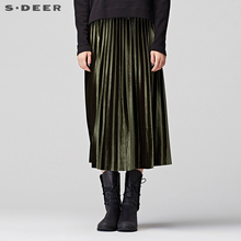 sdeer圣迪奥2018冬装金属光泽飘逸风琴百褶金丝绒长裙女S17481111图片