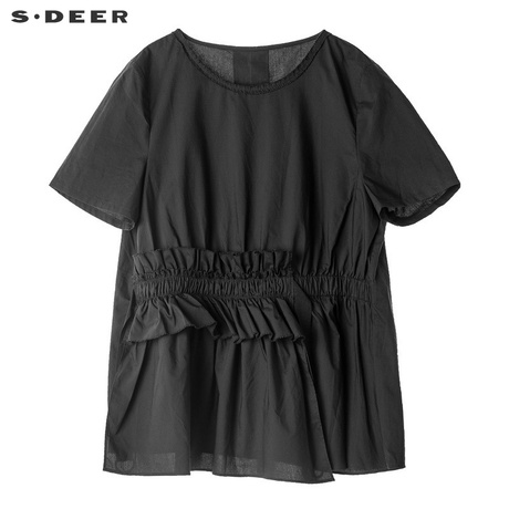 sdeer圣迪奥女休闲纯黑圆领松紧木耳边飘带搭片短袖衬衫S18280441商品大图