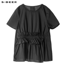 sdeer圣迪奥女休闲纯黑圆领松紧木耳边飘带搭片短袖衬衫S18280441图片