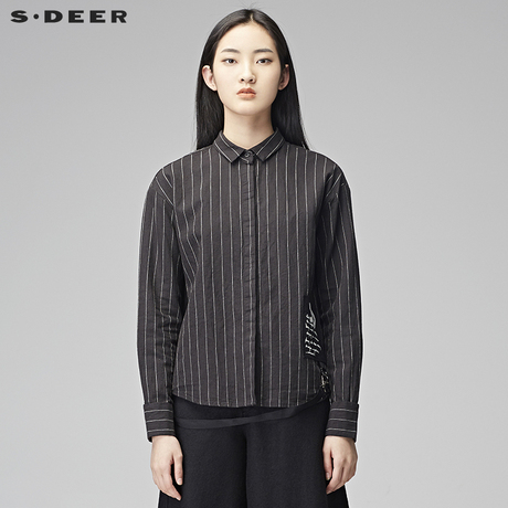 sdeer 圣迪奥时尚撞色条纹贴布飘带装饰学院风短款衬衫S17480593商品大图
