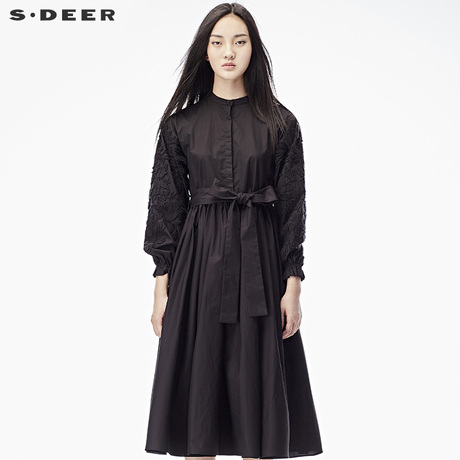 sdeer圣迪奥女2018秋装复古绣花圆领系带百褶高腰连衣裙S17381289商品大图