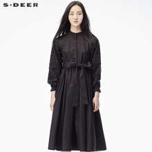 sdeer圣迪奥女2018秋装复古绣花圆领系带百褶高腰连衣裙S17381289图片