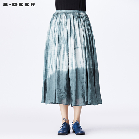 sdeer圣迪奥2018秋装氤氲水色晕染半身裙渐变亚麻长裙S17181156商品大图