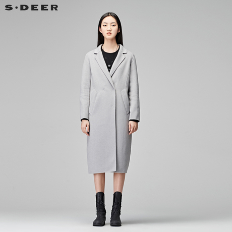 sdeer圣迪奥女装简约纯色平驳领毛呢长款外套S17481810商品大图