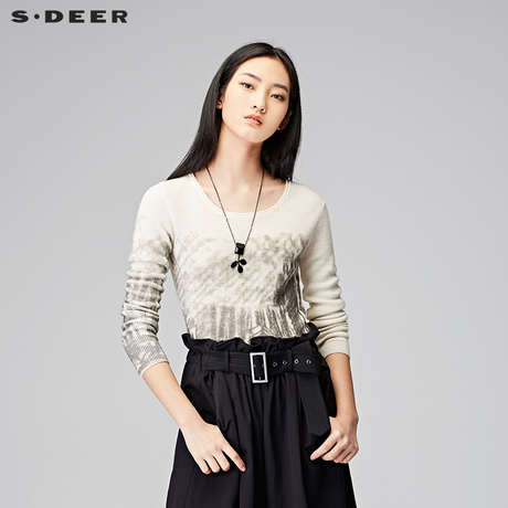 sdeer圣迪奥女2017冬装文艺墨迹晕染圆领套头针织衫毛衣S15483569商品大图