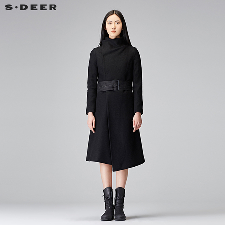 sdeer圣迪奥2018新款经典复古斜襟设计帅气腰带毛呢大衣S17481892商品大图
