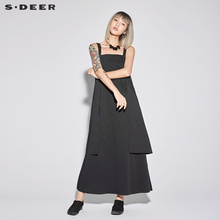 sdeer 圣迪奥女典雅愫黑松紧束腰搭片开衩摆吊带连衣裙S18281277图片
