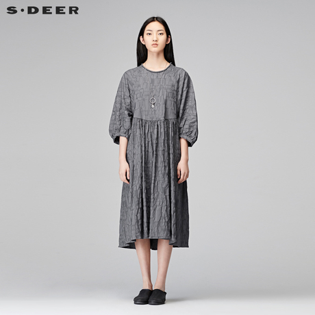 sdeer圣迪奥优雅气质灰套头圆领灯笼袖口长款连衣裙S17481224商品大图