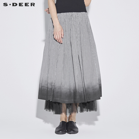sdeer圣迪奥女装撞色格纹双层渐变褶皱半身长裙S18281143商品大图