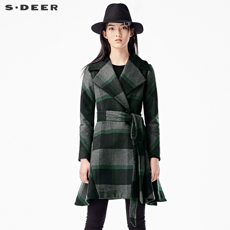 sdeer圣迪奥2018冬装学院格纹平驳翻领收腰双排扣大衣女S15481820商品大图