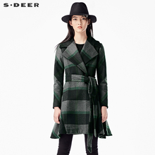 sdeer圣迪奥2018冬装学院格纹平驳翻领收腰双排扣大衣女S15481820图片