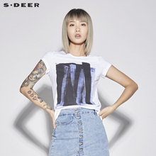 sdeer圣迪奥2018新款女装夏装套头圆领撞色印染短袖T恤S18280144图片