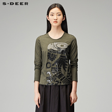 sdeer圣迪奥2018秋装圆领图腾印花做旧长袖打底T恤女装S17380297图片