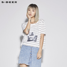 sdeer圣迪奥2018新款女装夏装套头圆领条纹印胶短袖T恤S18280151图片