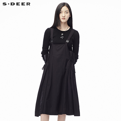sdeer圣迪奥女2018秋装复古纯色针织背带裙两件套连衣裙S17381201商品大图
