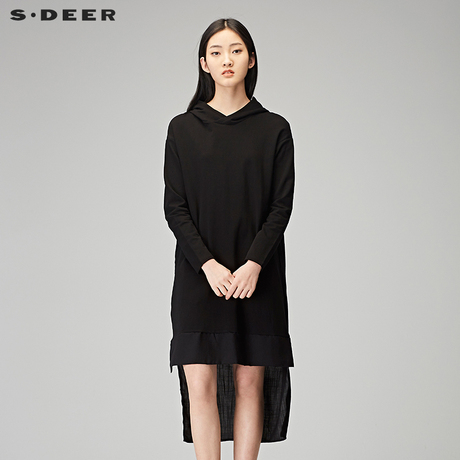 sdeer圣迪奥2018秋装连帽开衩底摆拼接长袖卫衣T恤女装S18180209商品大图