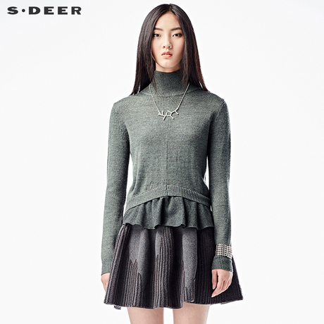 sdeer圣迪奥女2018冬装俏皮垂褶摆气质高领针织衫毛衣S15483555商品大图