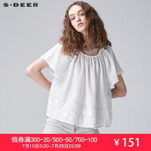 sdeer圣迪奥2018夏装纯色愫白纹理绣花宽松圆领短袖衬衫S17280453图片