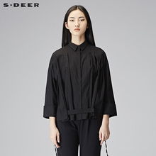 sdeer圣迪奥女时尚休闲方领飘带装饰短款长袖蝙蝠款衬衫S17480510图片
