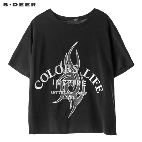 sdeer 圣迪奥 女装休闲纯黑圆领立体字母绣花短袖T恤S18280108商品大图