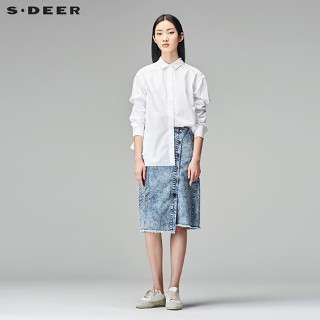 sdeer圣迪奥女装2018秋装褶裥抽绳系腰不规则长袖白衬衫S18180509商品大图