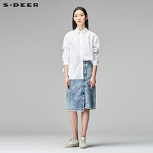 sdeer圣迪奥女装2018秋装褶裥抽绳系腰不规则长袖白衬衫S18180509图片