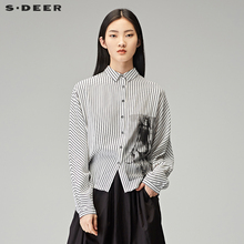 sdeer圣迪奥2018秋装黑白条纹晕染印花蝙蝠衫宽松衬衫女S18180505图片