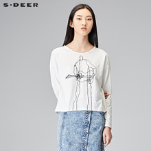 sdeer圣迪奥女装2018秋装休闲撞色抽象印花白色长袖T恤S18180203图片