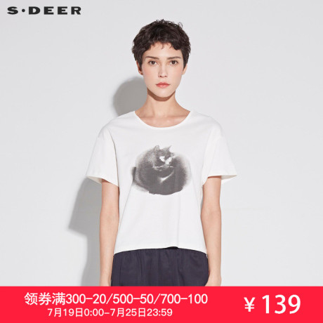 sdeer圣迪奥2018夏装新款简约圆领撞色猫咪印花短袖T恤S18660103商品大图