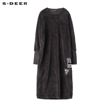 sdeer圣迪奥简约纯色个性几何贴布长款毛绒连衣裙S17481229商品大图
