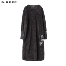 sdeer圣迪奥简约纯色个性几何贴布长款毛绒连衣裙S17481229图片