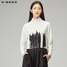sdeer圣迪奥2018秋装撞色抽象印染横向肌理高领长袖T恤S18180217图片
