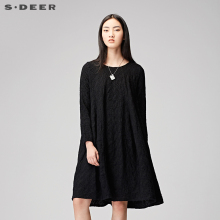 sdeer圣迪奥女装复古做旧套头圆领宽松毛呢连衣长裙S17481225图片
