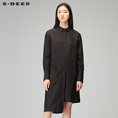 sdeer圣迪奥2018秋装纯色方领绣花不规则黑色长袖衬衫女S18180508商品大图