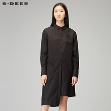 sdeer圣迪奥2018秋装纯色方领绣花不规则黑色长袖衬衫女S18180508图片