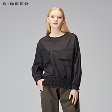 sdeer圣迪奥2018秋装宽松束腰口袋圆领长袖衬衫上衣女S17360586图片