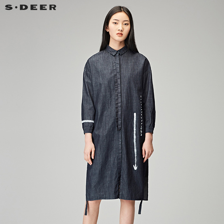 sdeer圣迪奥2018秋装气质小方领印花长款开叉牛仔衬衫女S18180506商品大图
