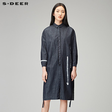 sdeer圣迪奥2018秋装气质小方领印花长款开叉牛仔衬衫女S18180506图片
