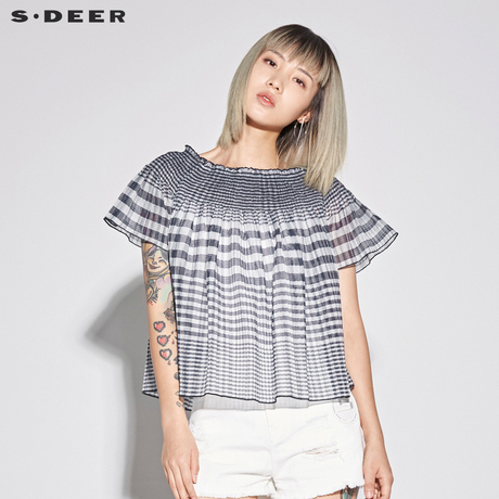 sdeer圣迪奥2018新款女装甜美一字肩撞色格纹短袖衬衫S18280409商品大图