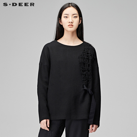 sdeer圣迪奥简约淑女风俏皮蝴蝶结镂空线迹装饰长袖T恤S17480234商品大图