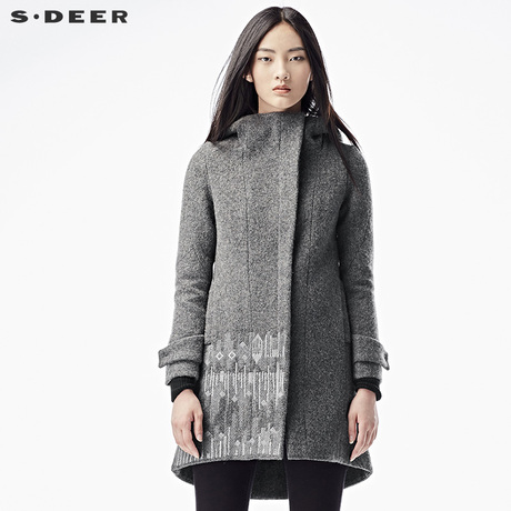 sdeer圣迪奥女装名族灰调绣花连帽毛呢大衣外套S15481805商品大图