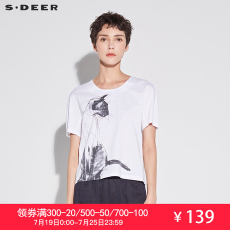 sdeer圣迪奥2018夏装新款简笔手绘猫咪图案宽松短袖T恤S18660101商品大图