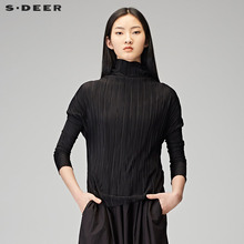 sdeer圣迪奥女装2018春装褶裥毛边高领修身长袖T恤S17380291图片