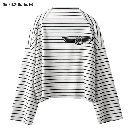 sdeer圣迪奥女装黑白撞色条纹布贴装饰落肩一字领针织衫S18380234商品大图