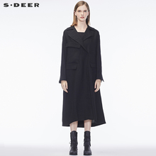 sdeer圣迪奥简约纯黑斜襟不规则袖口非对称口袋长外套S17381828图片