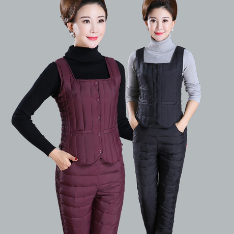 反季妈妈羽绒服套装女冬加厚两件套羽绒马甲短款中老年羽绒裤冬季商品大图