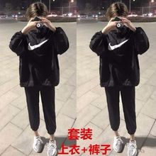 快手红人黑暗萝莉大美同款 休闲运动百搭加绒两件套女潮 社会女套装