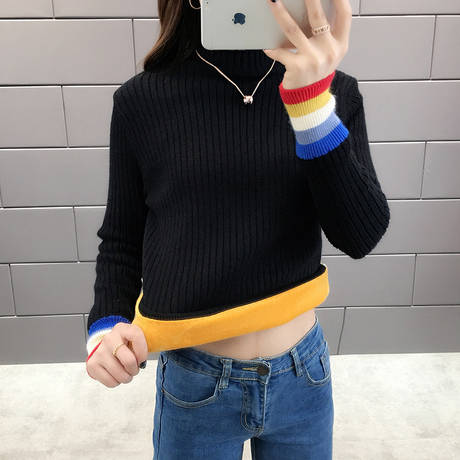 加绒毛衣女装2018新款秋冬加厚半高领套头韩版长袖保暖针织打底衫商品大图