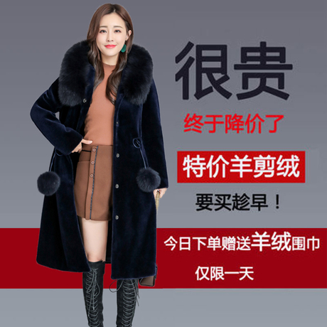 海宁皮草外套女中长款2018秋冬女装水貂毛领羊剪绒皮毛一体毛毛领商品大图